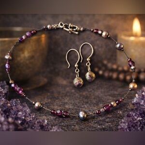 Y2K Belladea Boutique Raw Garnet & Pearl Choker Necklace + Sterling Earrings